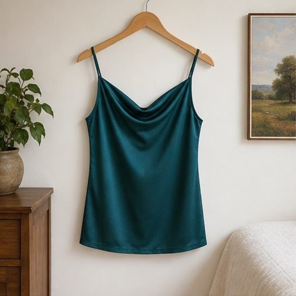 Teal Satin Cowl Neck Top